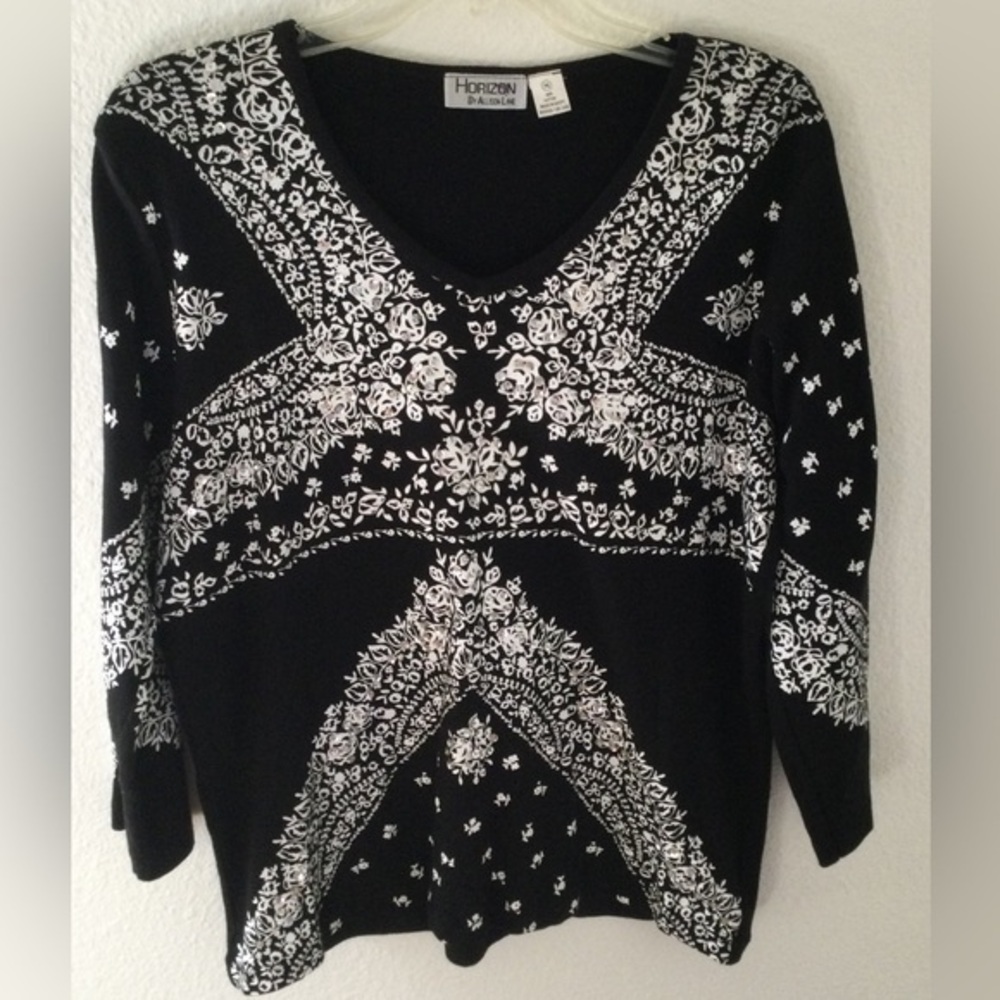 Horizon By Allison Lane Black & White Sequin Holiday Woman’s Top 3/4 Sleeve Med